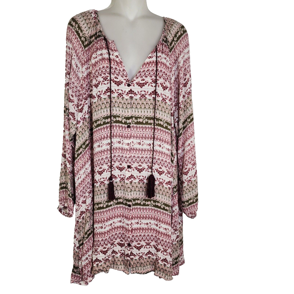 Cloud Chaser Womens Tunic Top 1X Button Front V Neck Long Sleeve Tassels Floral